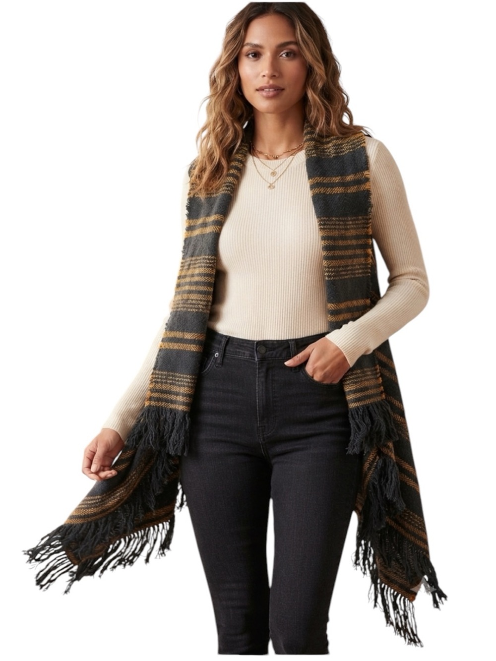 Marc New York Charcoal and Mustard Plaid Duster Vest with Fringe Size OS
